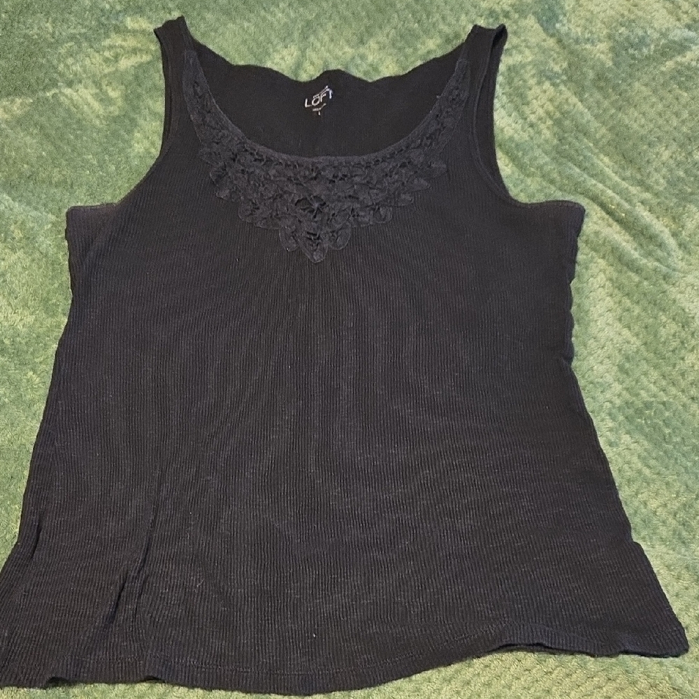 LOFT Black Tank Top with Embroidered Lace Detail, Large